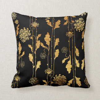 Classy Faux Gold Foil Flowers on Black Cushion