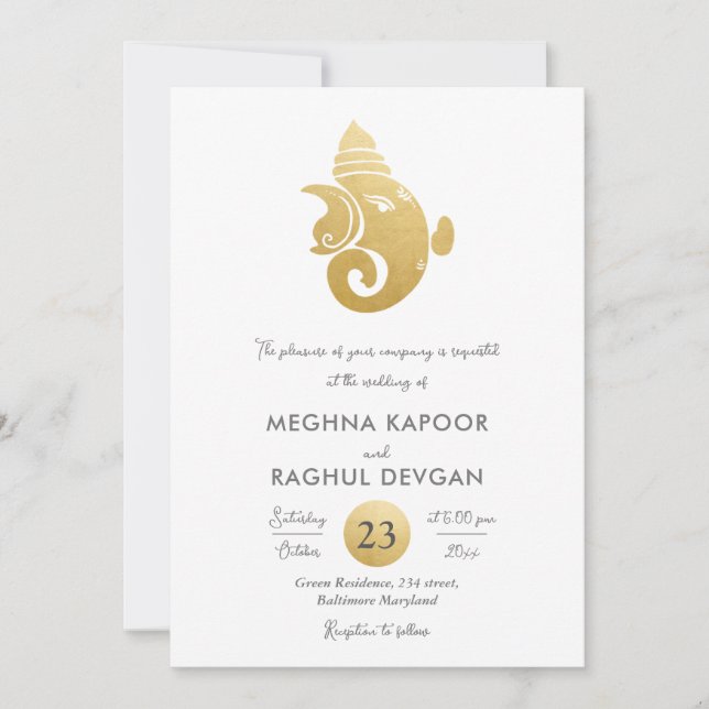 Classy Faux Gold Foil Ganesha Indian God Wedding Invitation (Front)
