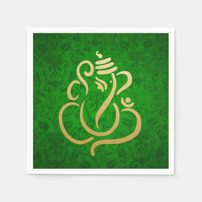 Classy Faux Gold Foil Ganesha Indian Green Damask Napkin (Front)