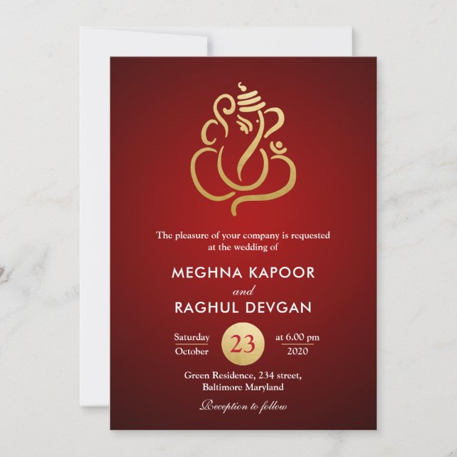 Classy Faux Gold Foil Ganesha/Indian Red Wedding Invitation (Front)