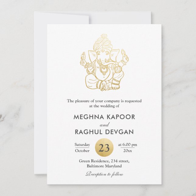 Classy Faux Gold Foil Ganpati Indian God Wedding Invitation (Front)
