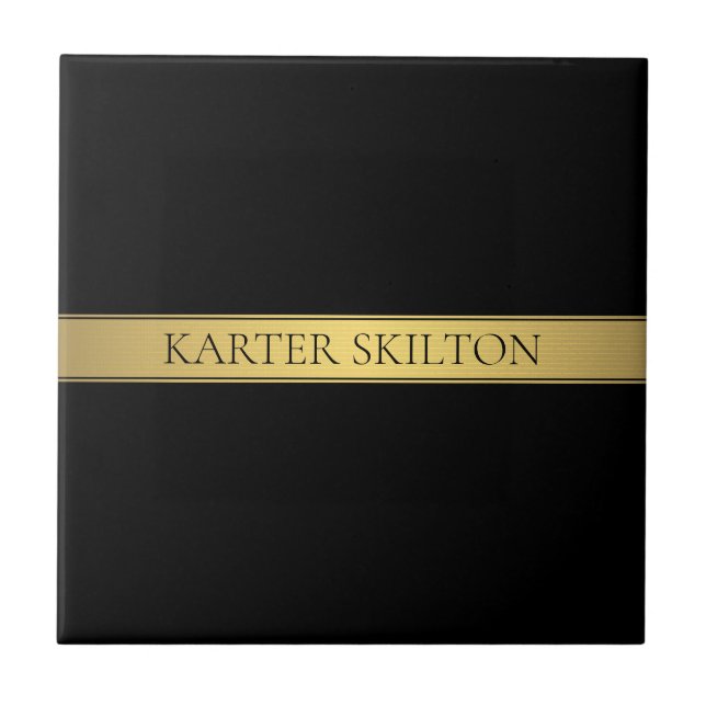 Classy Faux Gold Stripe & Black Background or DIY Ceramic Tile (Front)