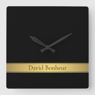 Classy Faux Gold Stripe & Black Background or DIY Square Wall Clock