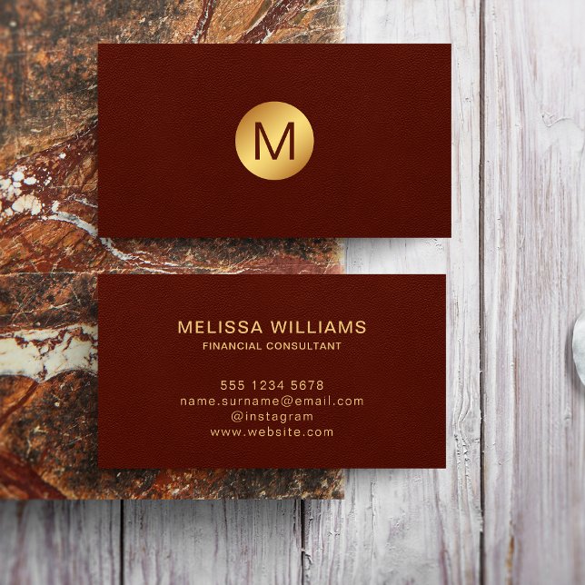 Classy Faux Red Leather & Gold Monogram Name Business Card (Creator Uploaded)