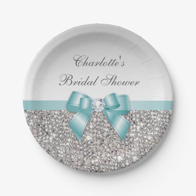 Classy Faux Teal Bow Silver Sequins Bridal Shower Paper Plate (Front)