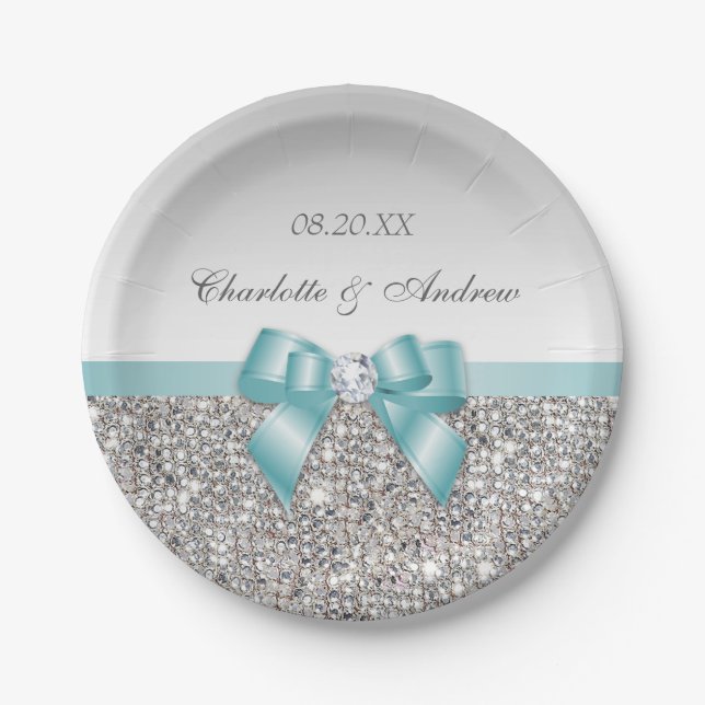 Classy Faux Teal Bow Silver Sequins Wedding Paper Plate (Front)