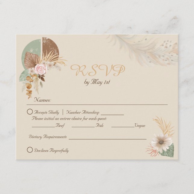 Classy Feather Boho Beige Wedding RSVP Card (Front)