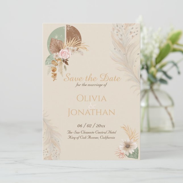 Classy Feather Boho Beige Wedding Save the Date Invitation (Standing Front)