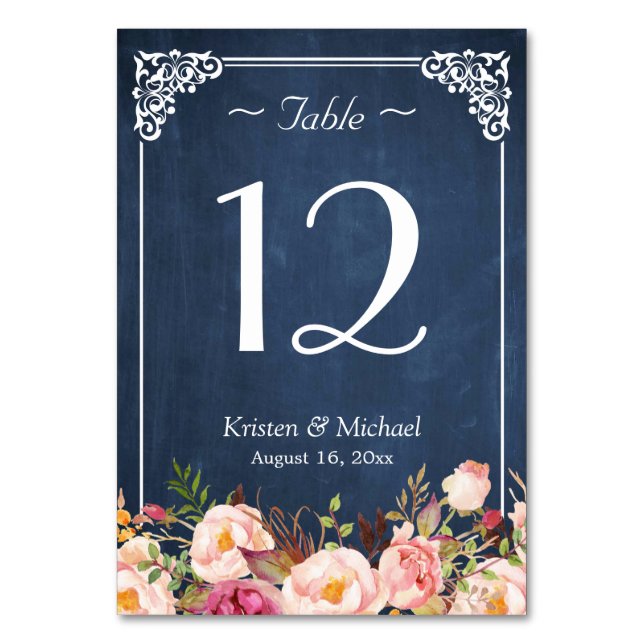 Classy Floral Blue Chalkboard Wedding Table Number (Front)