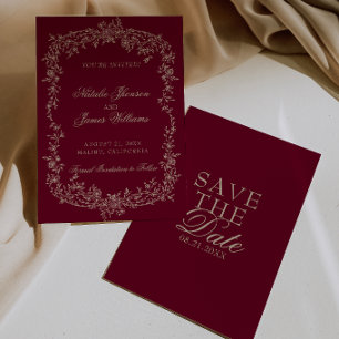 Classy Floral Burgundy Botanical Old Money Wedding Save The Date