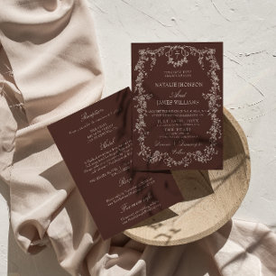 Classy Floral Chocolate Brown All In One Wedding Invitation