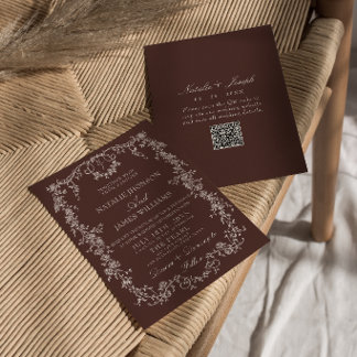 Classy Floral Chocolate Brown QR Code Wedding Invitation