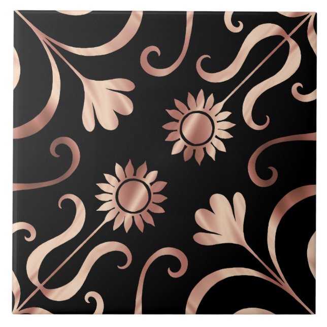 Classy Floral Damask Black and Rose Gold Sunflower Ceramic Tile (Front)