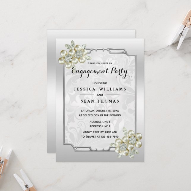 Classy Floral Gem, Silver Framed Silver Engagement Invitation (Front/Back In Situ)