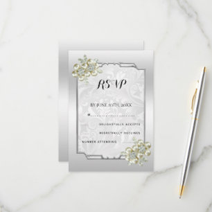 Classy Floral Gem, Silver Framed Wedding RSVP Card