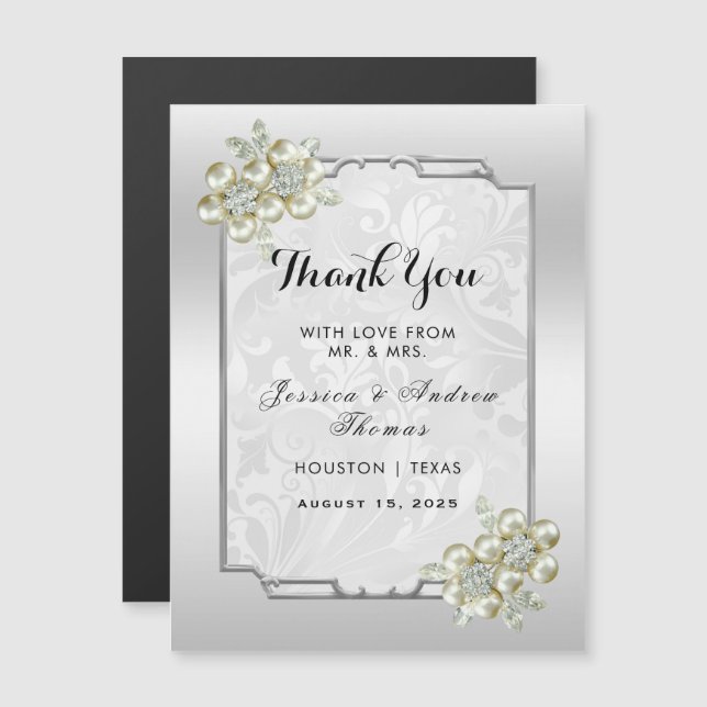 Classy Floral Gem, Silver Framed Wedding Thank You (Front/Back)