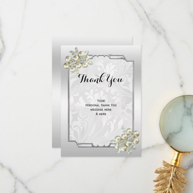 Classy Floral Gem, Silver Framed Wedding Thank You Card (Front/Back In Situ)