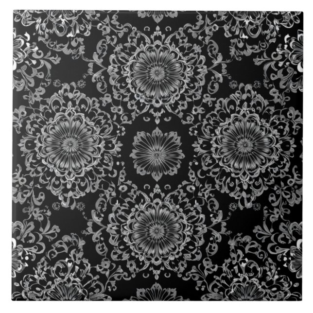 Classy Floral Kaleidoscope in Dark Tones Ceramic Tile (Front)