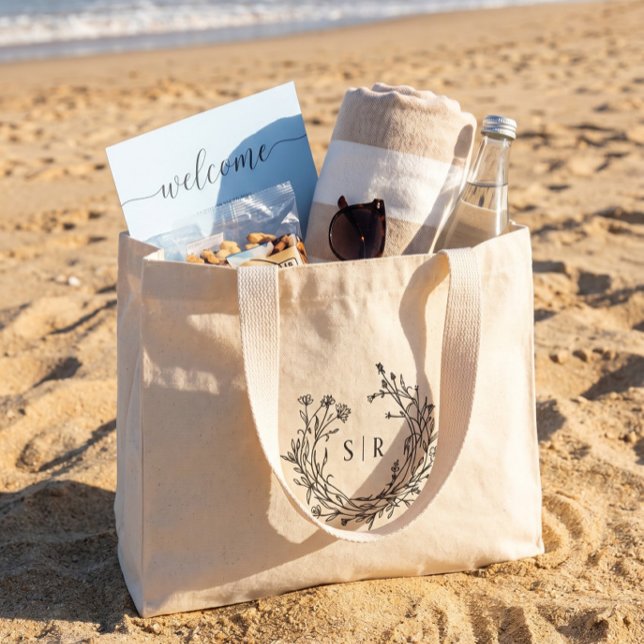 Classy Floral Monogram Wedding Welcome Guest Large Tote Bag (Creator Uploaded)