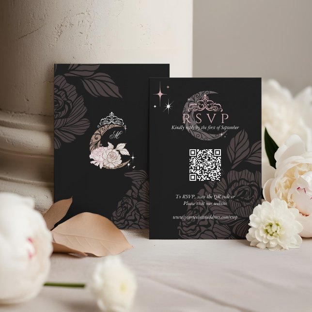 Classy Floral Moon Stars Tiara Quinceañera QR Code RSVP Card (Classy Floral Moon Stars Tiara Quinceañera QR Code RSVP Card)