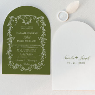 Classy Floral Olive Green Monogram Arched Wedding Invitation