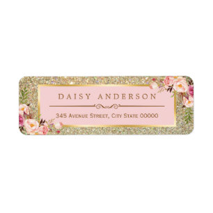 Classy Floral Pink Gold Glitter Sparkles Return Address Label