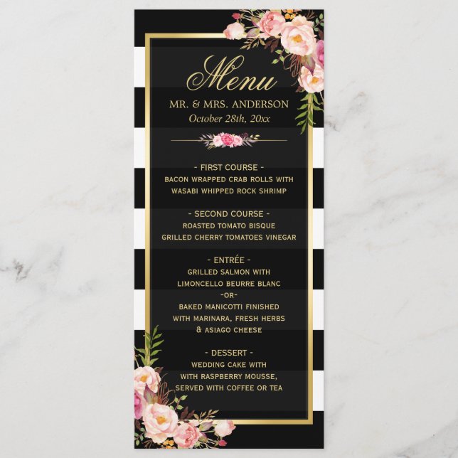 Classy Floral Stripes Gold Frame Wedding Menu (Front)