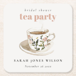 Classy Floral Tea Cup Bridal Shower Tea Party Square Paper Coaster