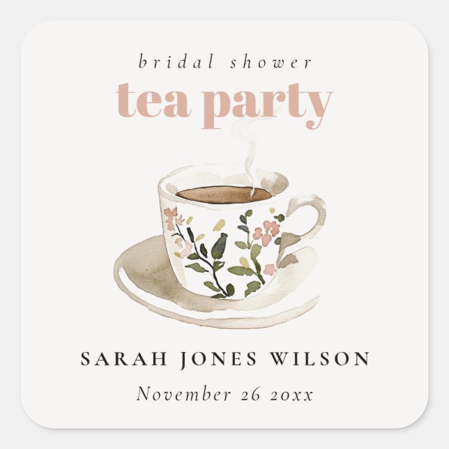 Classy Floral Tea Cup Bridal Shower Tea Party  Square Sticker (Front)