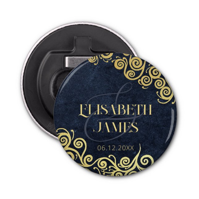  Classy Flourish Navy Blue And Gold Winter Wedding Bottle Opener (Front)