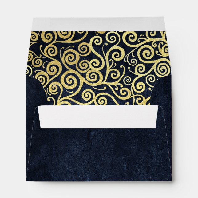  Classy Flourish Navy Blue And Gold Winter Wedding Envelope (Back (Bottom))