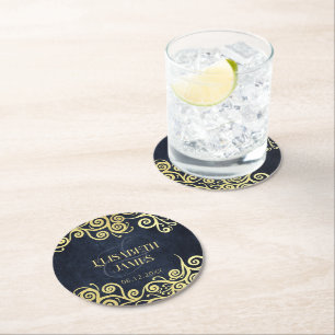 Classy Flourish Navy Blue And Gold Winter Wedding Round Paper Coaster