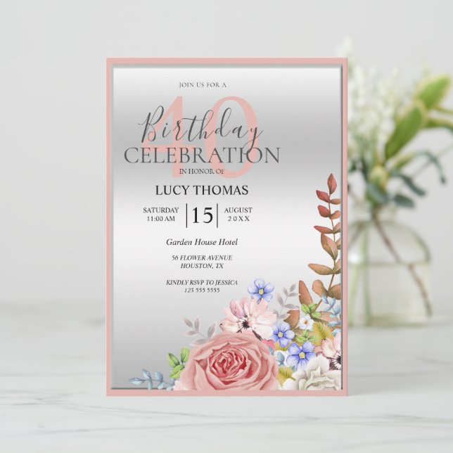 Classy Flower Corner Decoration Birthday Invitation (Standing Front)