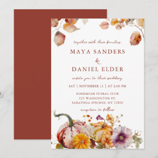 Classy Flowers and Pumpkins Cosy Fall Wedding Invitation