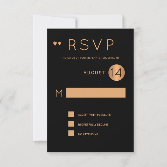 Classy formal black metallic copper wedding rsvp invitation (Front)