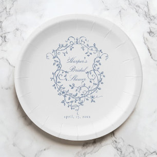 Classy French Blue Floral Crest Bridal Shower Paper Plate