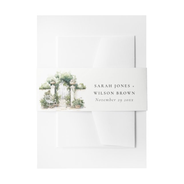 Classy French Garden Landscape Watercolor Wedding Invitation Belly Band (Front Example)