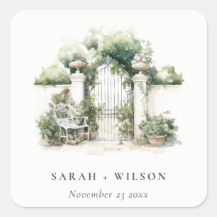 Classy French Garden Landscape Watercolor Wedding Square Sticker