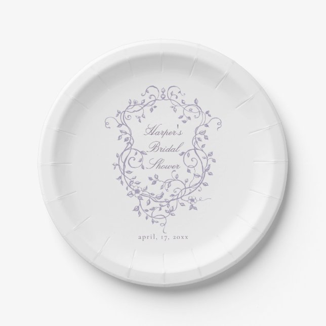 Classy French Lavender Floral Crest Bridal Shower Paper Plate (Front)