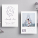 Classy French Lavender Floral Crest Wedding Photo Save The Date<br><div class="desc">This save-the-date wedding photo card features a classic French Victorian lavender floral crest,  with a QR code and custom text on the back. For more advanced customization of this design,  please click the BLUE DESIGN TOOL BUTTON above!</div>