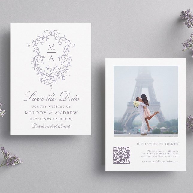 Classy French Lavender Floral Crest Wedding Photo Save The Date (Creator Uploaded)