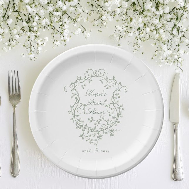 Classy French Sage Green Foral Crest Bridal Shower Paper Plate (Creator Uploaded)
