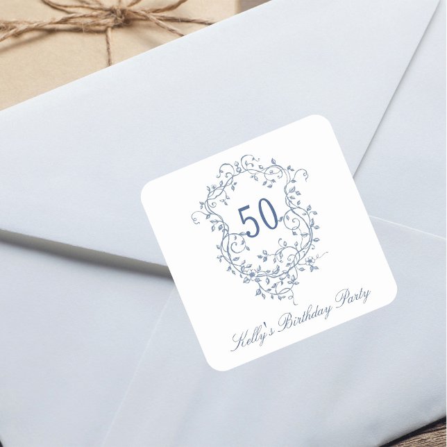 Classy French Victorian Blue 50th Birthday Party Square Sticker (Creator Uploaded)