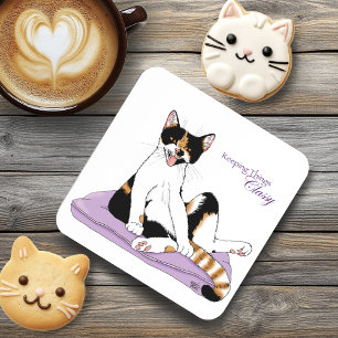 Classy Funny Calico Cat Purple Coaster