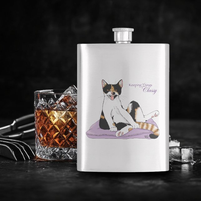 Classy Funny Calico Cat Purple Hip Flask (Creator Uploaded)