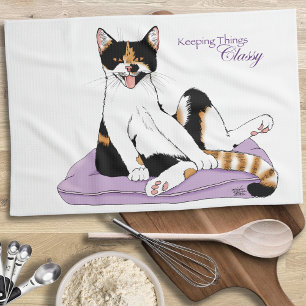 Classy Funny Calico Cat Purple Tea Towel