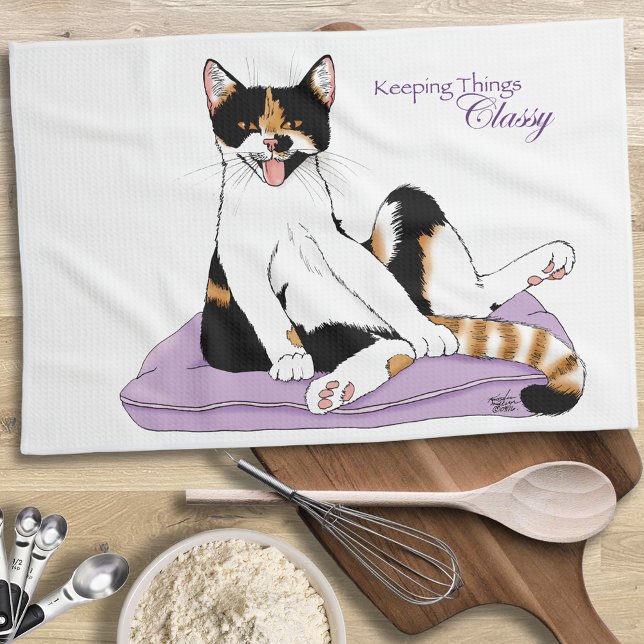Classy Funny Calico Cat Purple Tea Towel (Creator Uploaded)