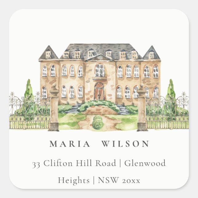 Classy Garden Chateau Manor Watercolor Address Square Sticker (Front)