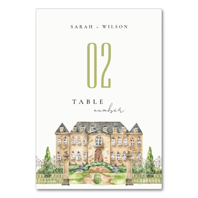 Classy Garden Chateau Manor Watercolor Wedding Table Number (Front)
