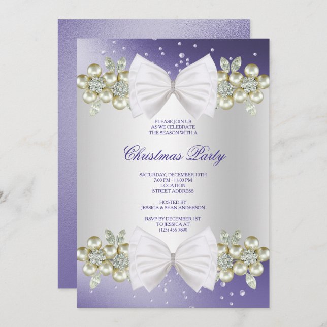 Classy Gems & Bow Blue Christmas Invitation (Front/Back)